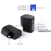P198 wireless tattoo power supply, showing LCD, voltage/power indicators, level buttons, on/off/pause, and RCA/DC/Micro USB ports.